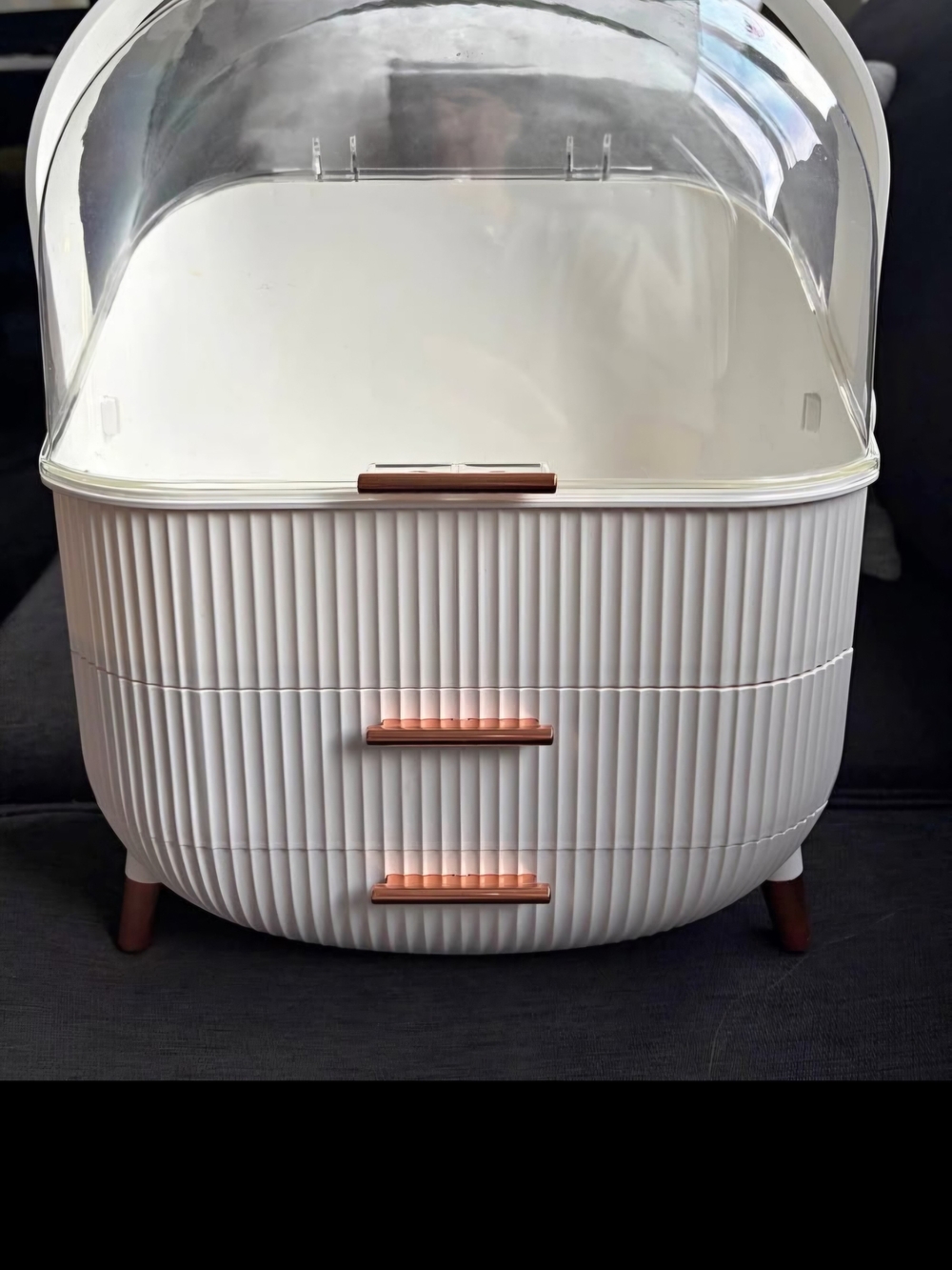 Modern White Cosmetic Organizer with Rose Gold Accents
